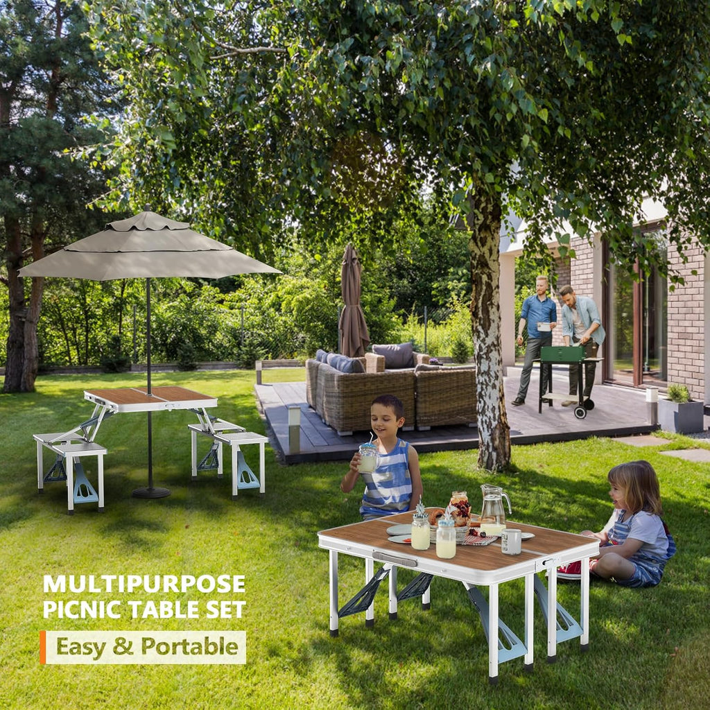 Foldable Picnic Table with 4 Seats and Umbrella Holder