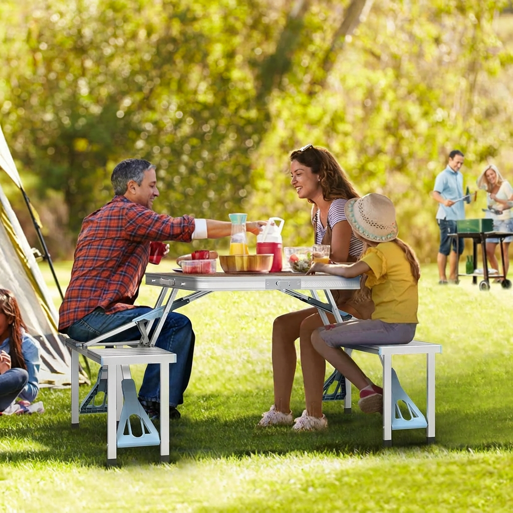 Foldable Picnic Table with 4 Seats and Umbrella Holder