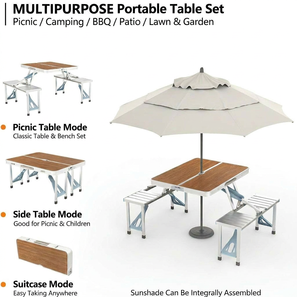 Foldable Picnic Table with 4 Seats and Umbrella Holder